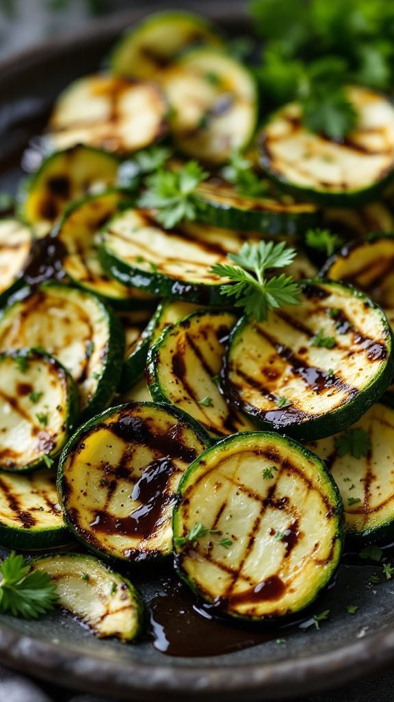 Grilled zucchini ribbons with a charred appearance and garnished with parsley.
