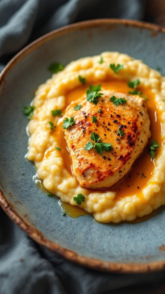 A plate of grits with a chicken breast and creamy sauce, garnished with parsley.