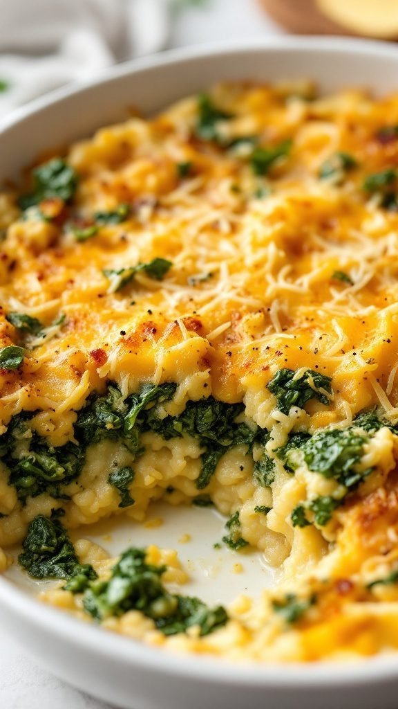 A delicious grits and greens casserole with a golden cheesy top.