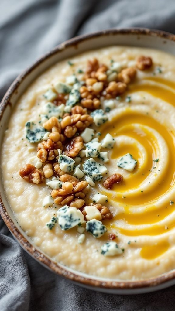A bowl of creamy grits topped with blue cheese and walnuts.