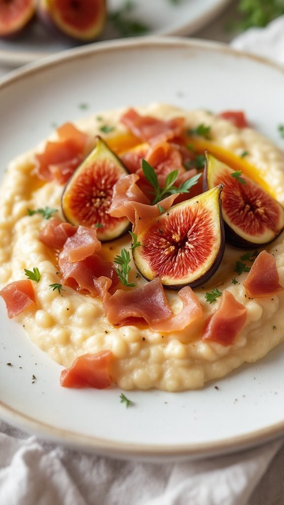 A plate of creamy grits topped with fresh figs and prosciutto, garnished with herbs.