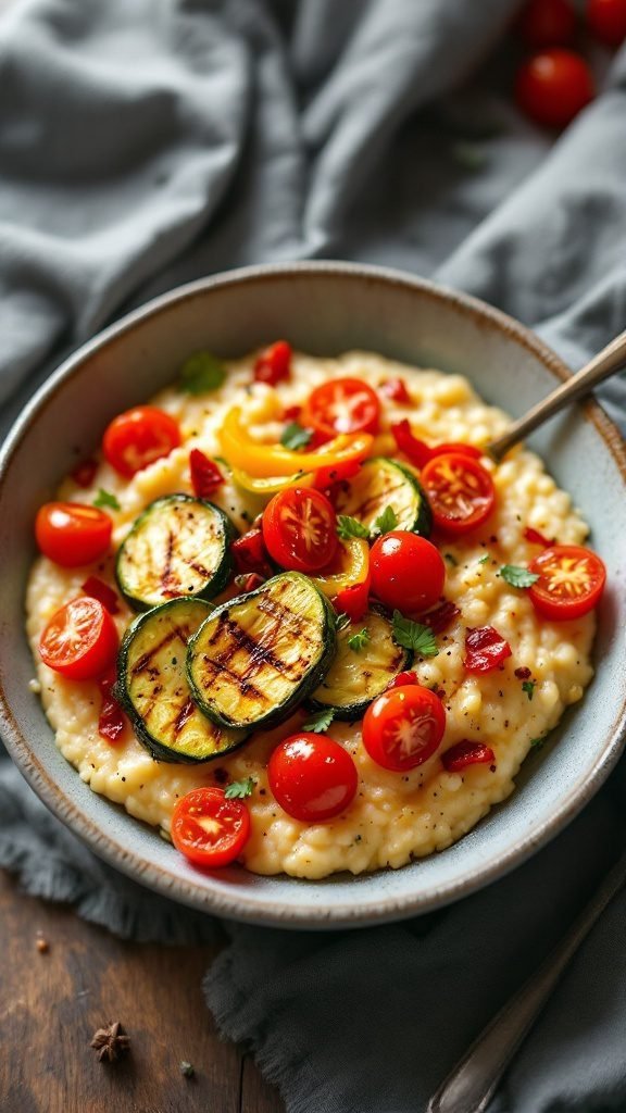 A bowl of creamy grits topped with grilled vegetables, including zucchini and cherry tomatoes, with a sprinkle of herbs