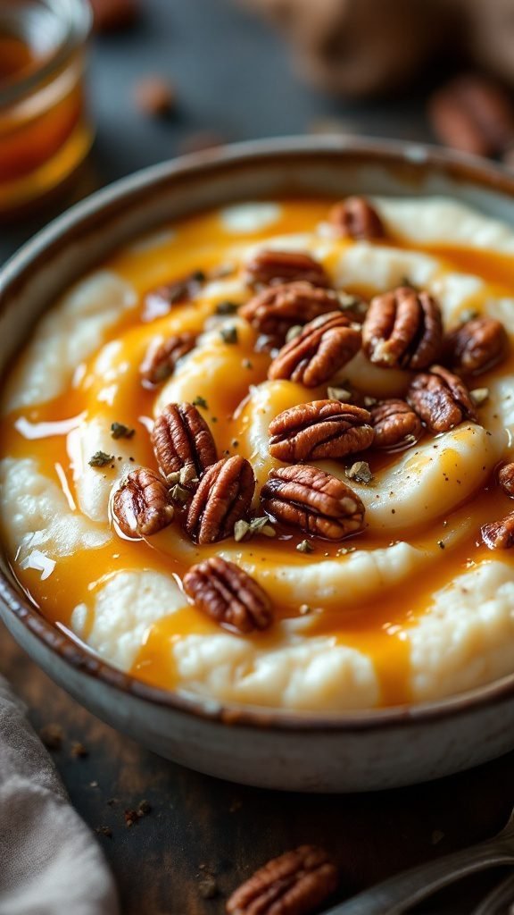 A bowl of creamy grits topped with maple syrup and pecans, showcasing a comforting and indulgent southern-style dish.