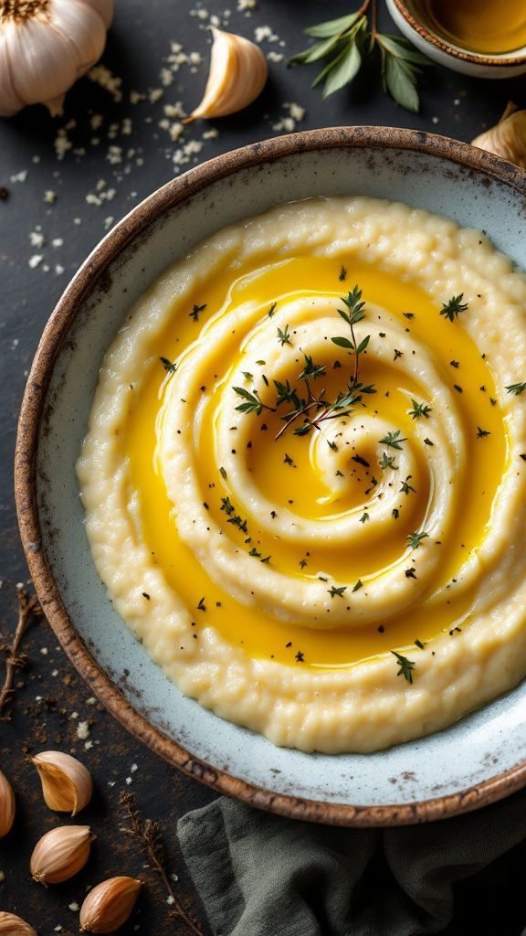 Creamy grits swirled with olive oil and garnished with herbs