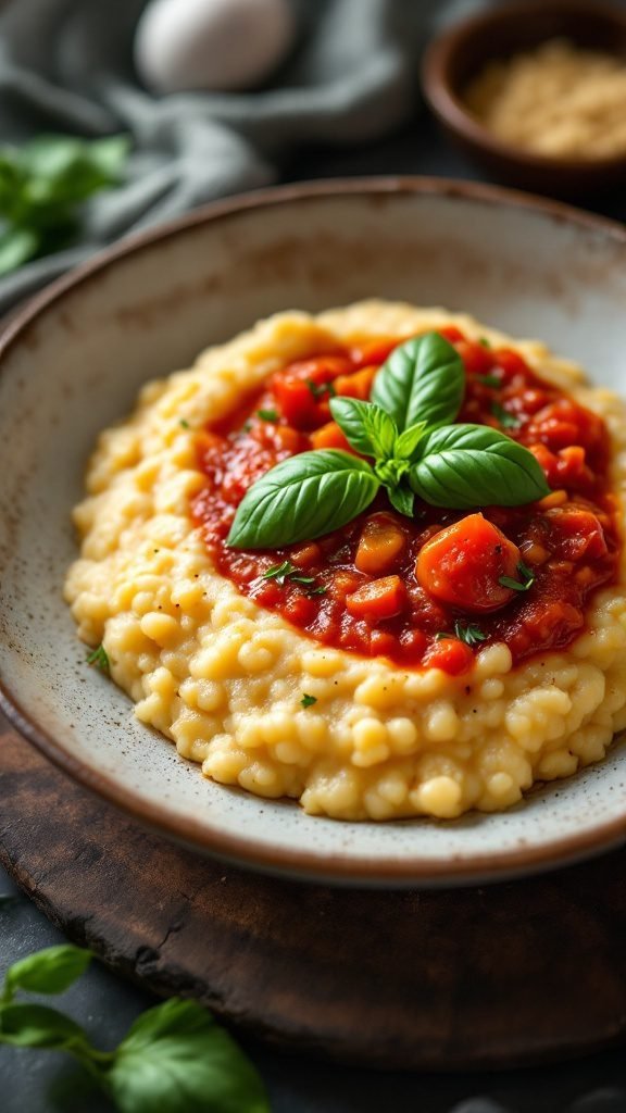A bowl of creamy grits topped with zesty roasted tomato sauce and fresh basil.
