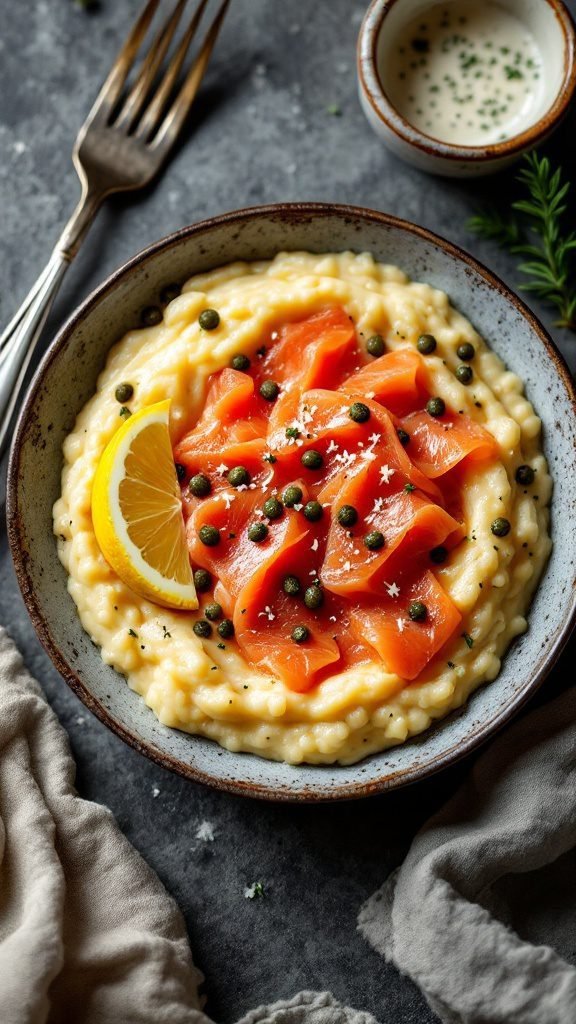 A bowl of grits topped with smoked salmon, capers, and a lemon wedge.