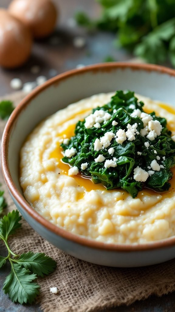 A bowl of creamy grits topped with spicy kale and feta cheese.