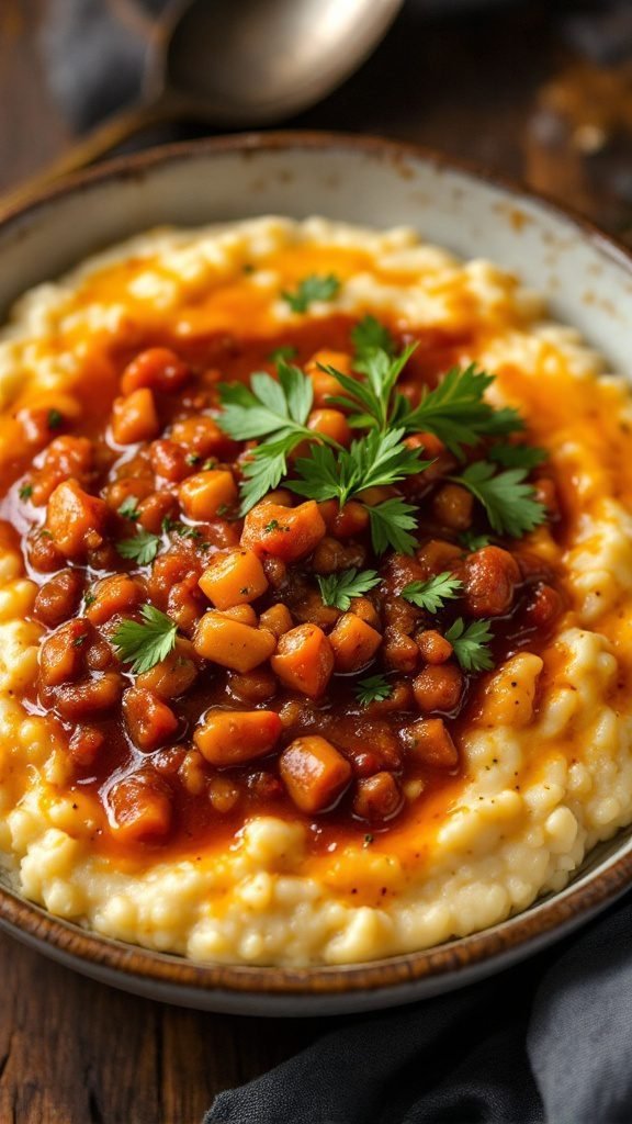 A bowl of creamy grits topped with a spicy tomato gravy and herbs.