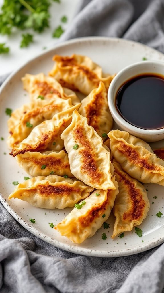 A plate of gyoza dumplings with a small bowl of dipping sauce.
