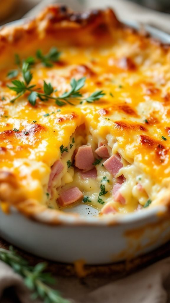 Warm ham and cheese pot pie with a golden crust