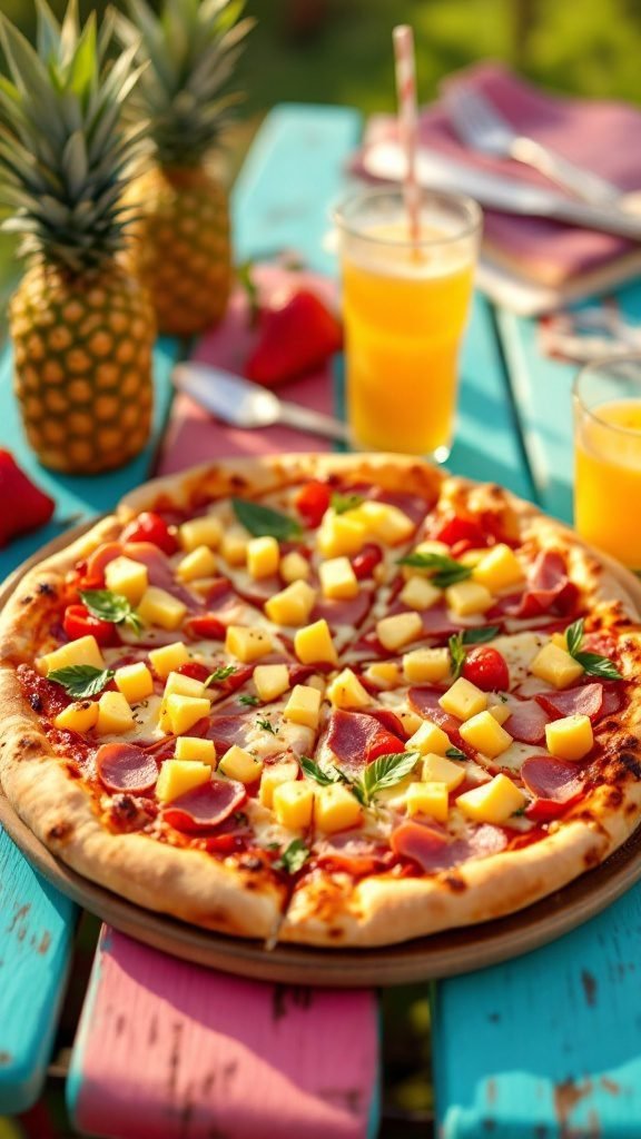 A delicious Hawaiian pizza with ham and pineapple on a colorful table.