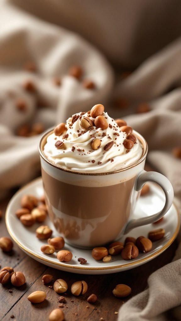 A warm cup of hazelnut hot chocolate coffee topped with whipped cream and hazelnuts