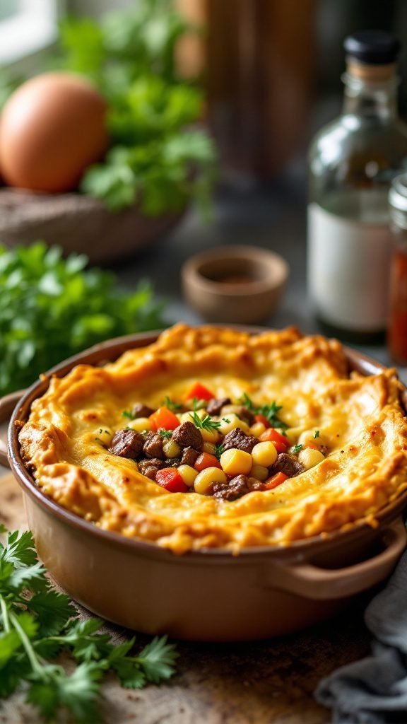 A delicious beef and vegetable pot pie with a golden crust.
