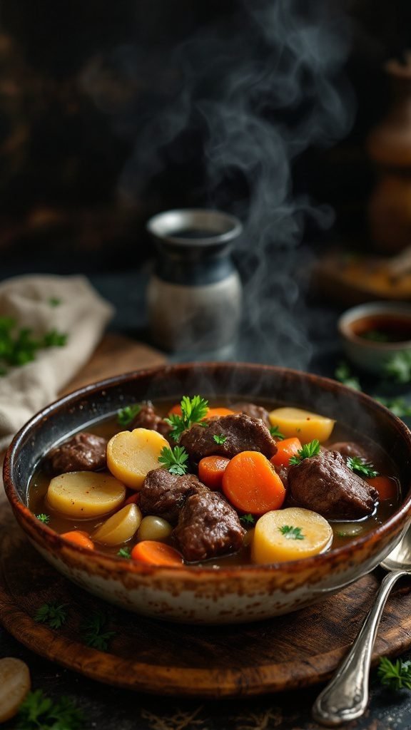 A bowl of steaming hearty beef stew with chunks of beef, carrots, and potatoes.