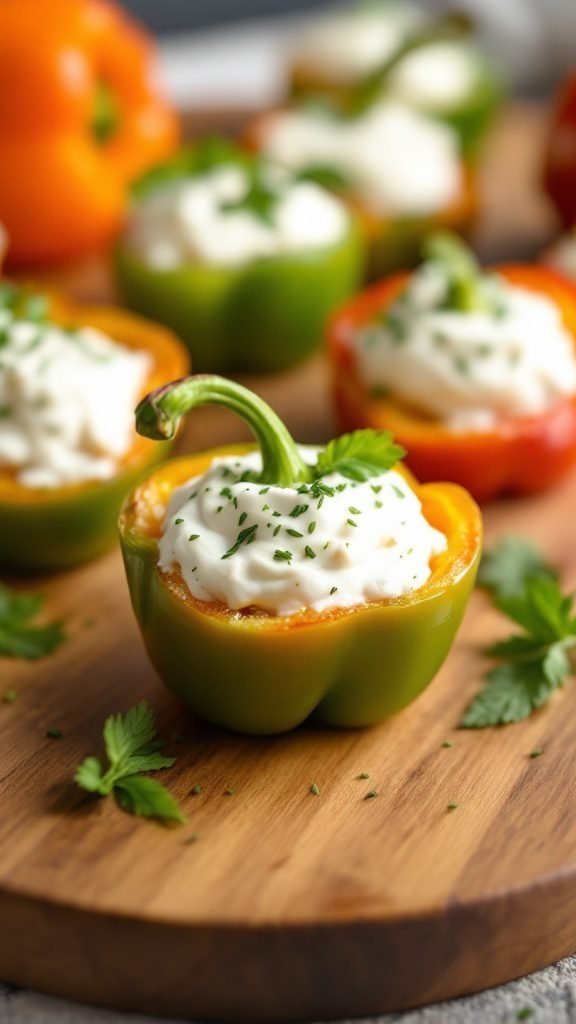 Herbed cream cheese stuffed peppers on a wooden board