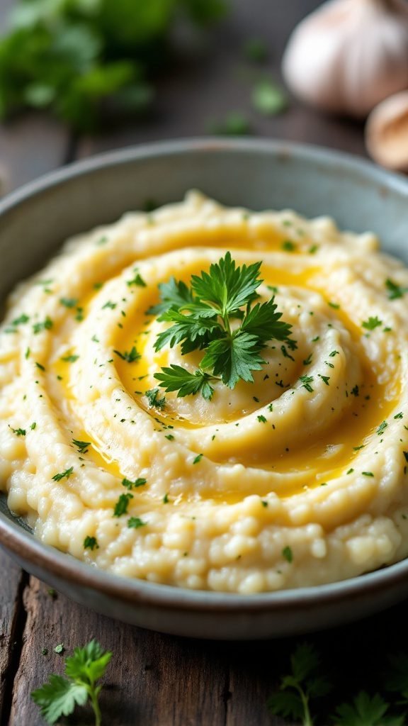 Creamy herbed grits with garlic, topped with fresh herbs.