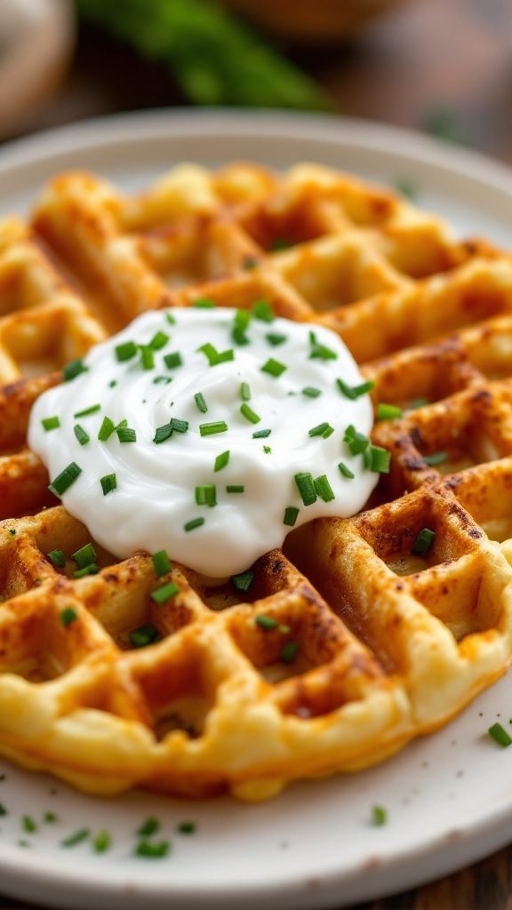 Delicious herbed potato waffles topped with yogurt and chives.