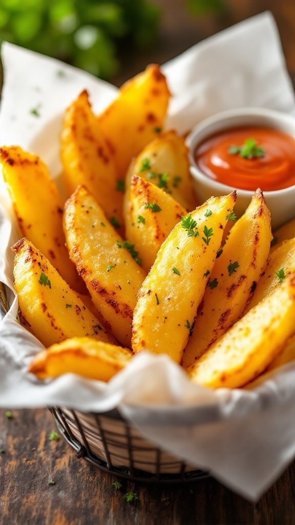 Delicious herbed potato wedges served with a dipping sauce