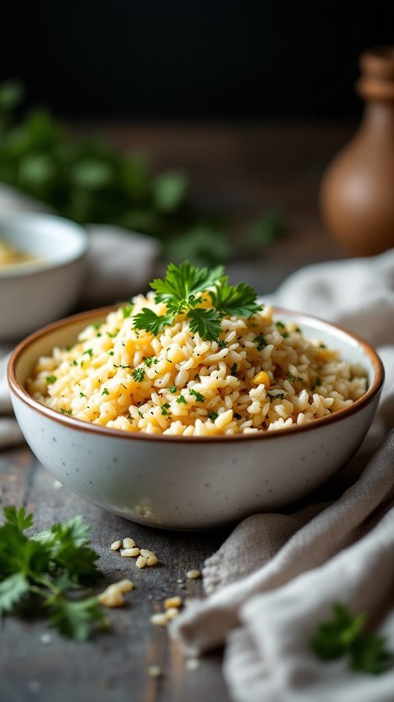 A bowl of herbed rice pilaf garnished with parsley, surrounded by ingredients like garlic and onion.