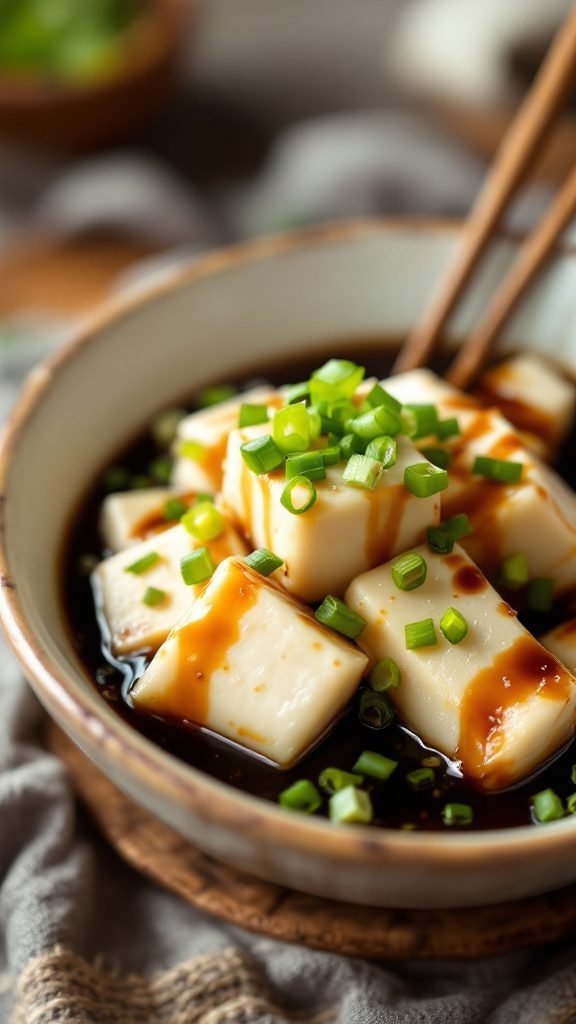 A bowl of chilled tofu garnished with green onions and soy sauce.