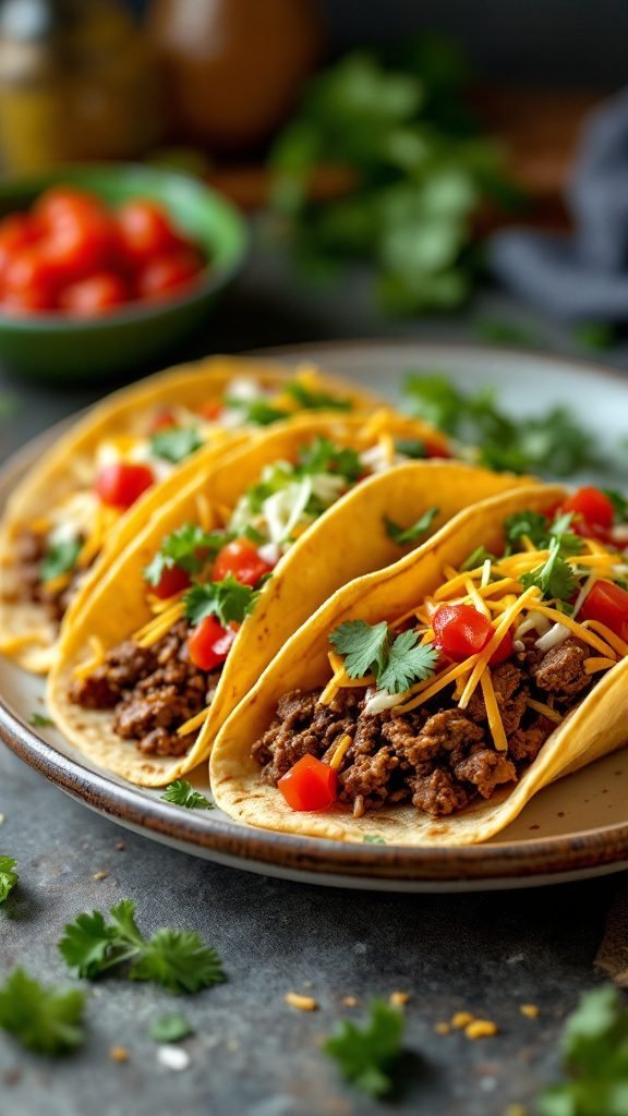 Delicious homemade beef tacos topped with fresh ingredients