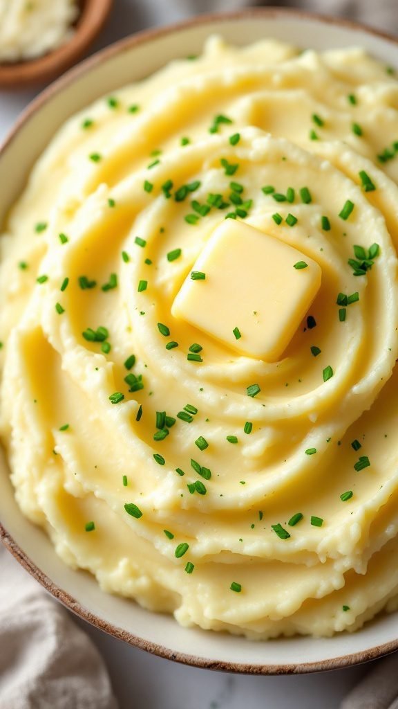 A bowl of creamy garlic mashed potatoes topped with a pat of butter and chives.