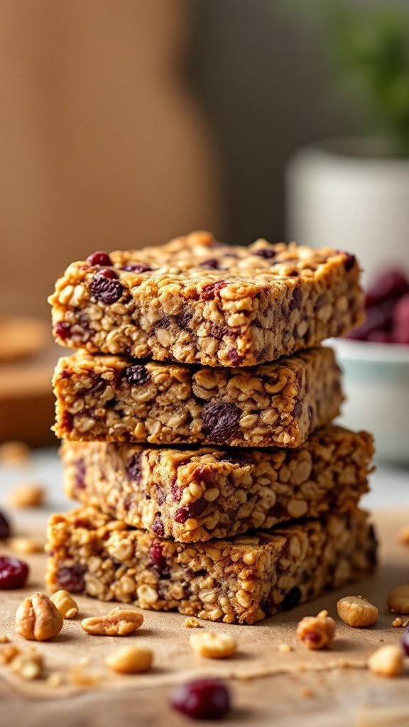 Homemade granola bars stacked on a table.