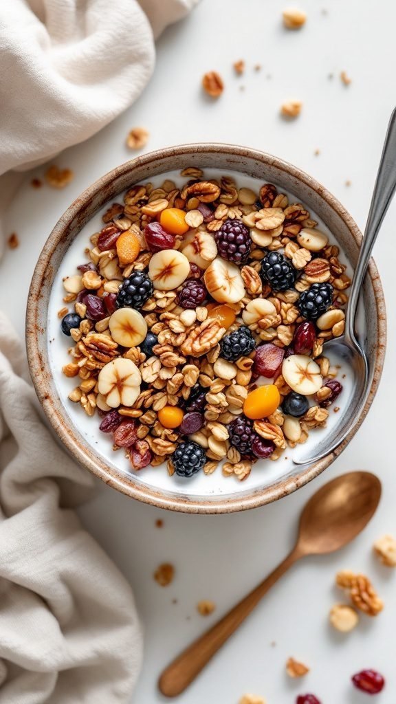 Homemade granola with nuts, colorful fruit, and yogurt