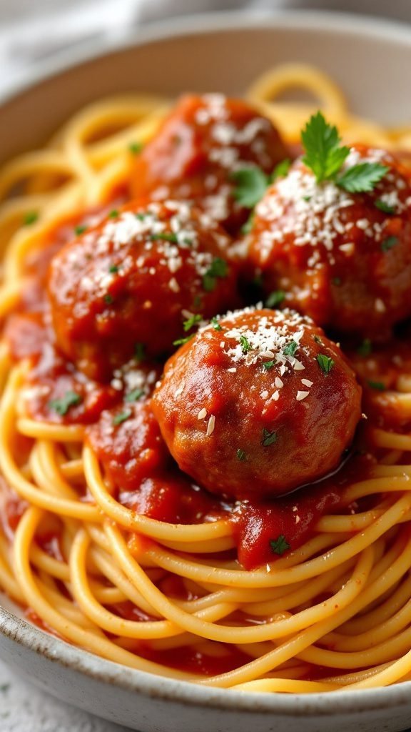 Homestyle meatballs in marinara sauce served over spaghetti.