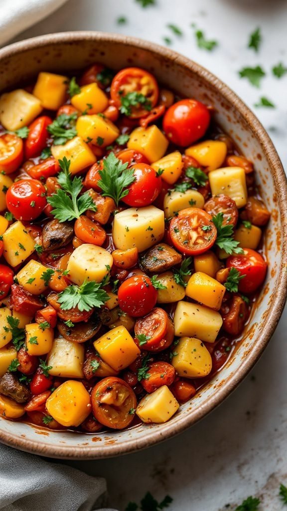 A bowl of colorful vegetable ratatouille with parsley garnish.