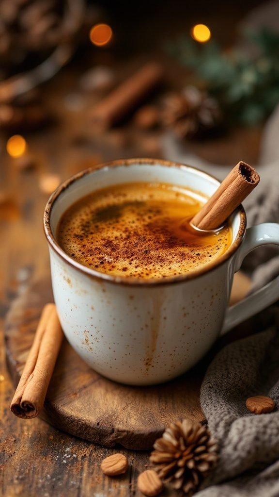 Warm cup of honey cinnamon coffee with a cinnamon stick