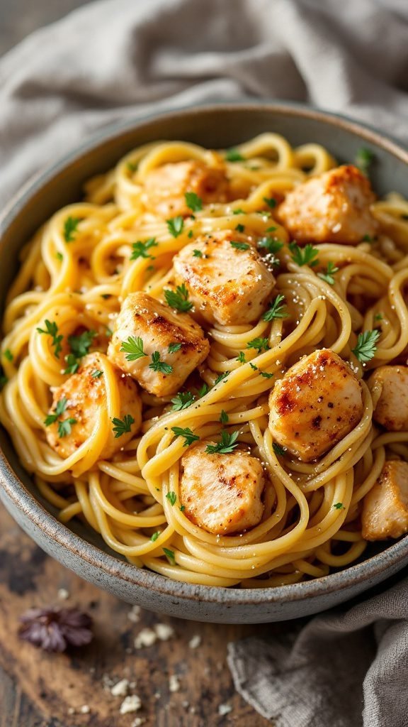A bowl of honey garlic pasta with chicken, garnished with parsley.