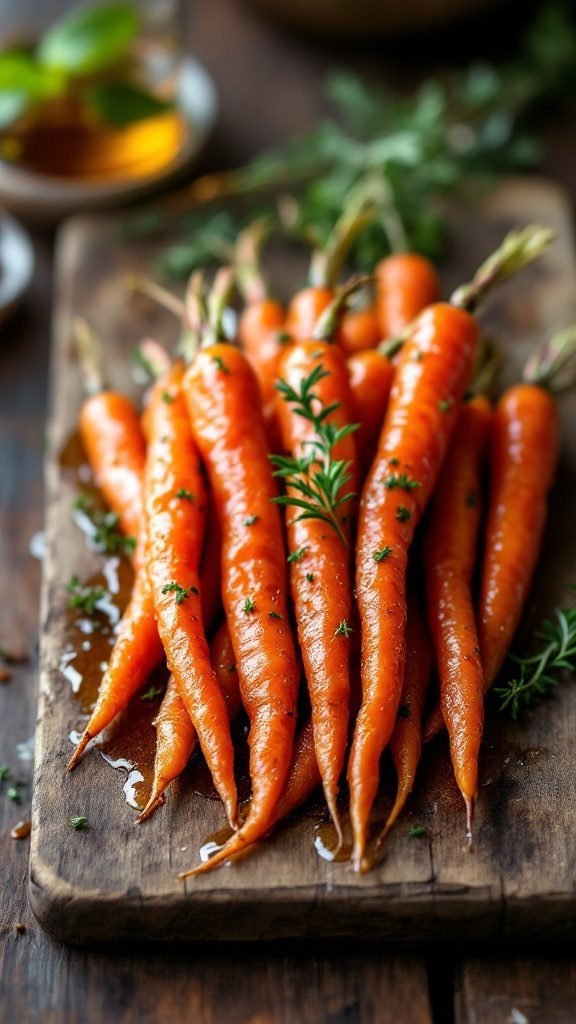 Honey glazed carrots garnished with thyme on a wooden cutting board.