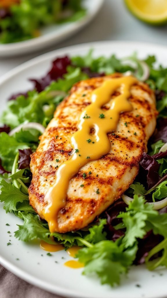 Honey mustard glazed chicken served over a bed of fresh greens.