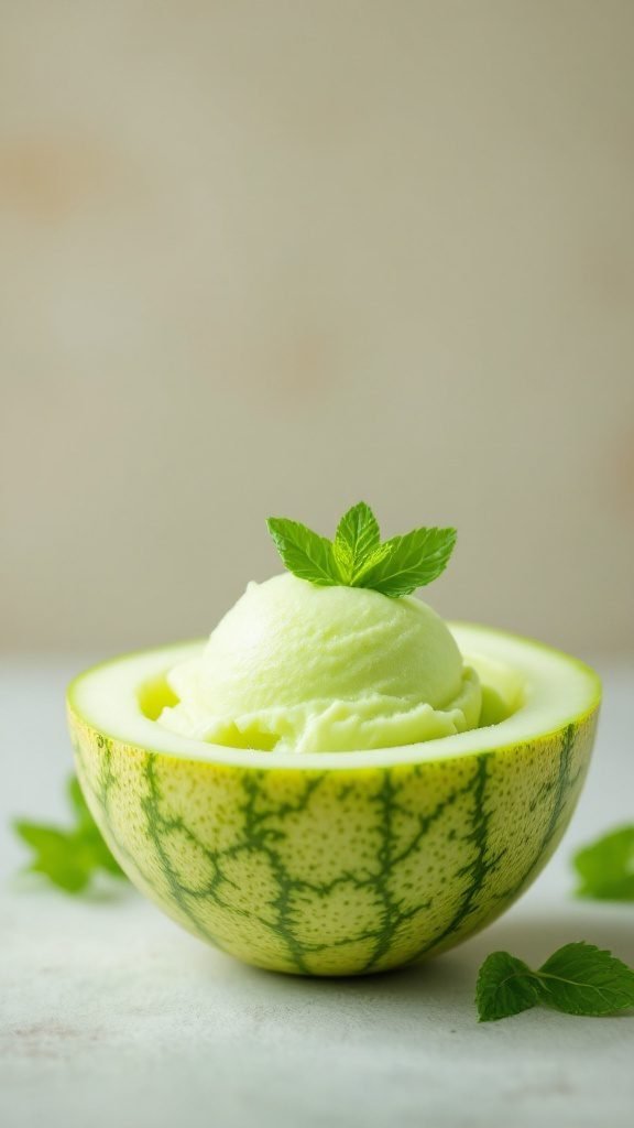 Honeydew melon sorbet in a carved melon bowl garnished with mint leaves.