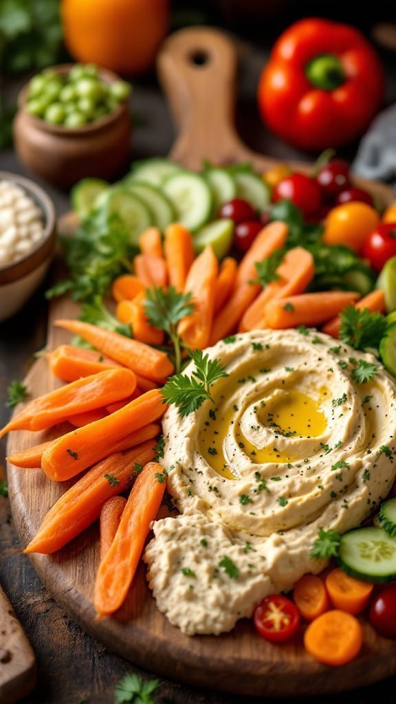 A vibrant platter featuring hummus surrounded by an assortment of fresh vegetables.