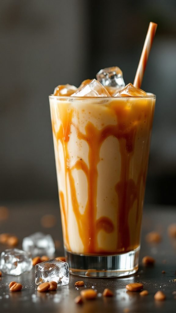 A glass of iced caramel macchiato with ice cubes and caramel drizzle.