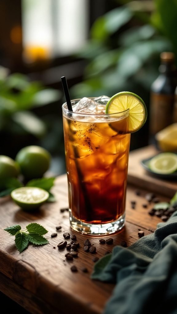 A refreshing iced espresso tonic served in a glass with ice and a lime slice.