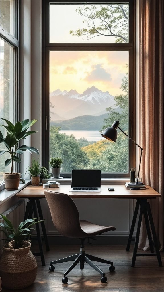 A modern desk beside a large window with a mountain view, featuring a laptop, plants, and stylish decor.