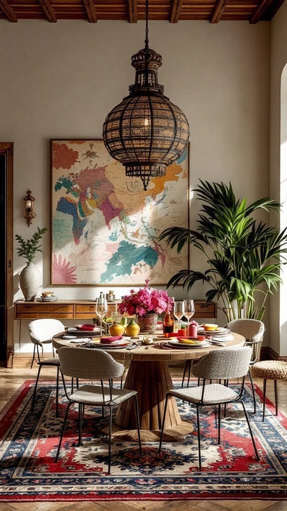 A modern dining room with a round wooden table, upholstered chairs, a vibrant rug, and a world map on the wall.