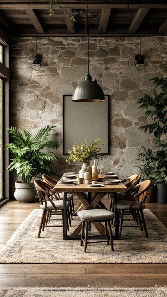 Modern dining room with wooden table, stone wall, and plants