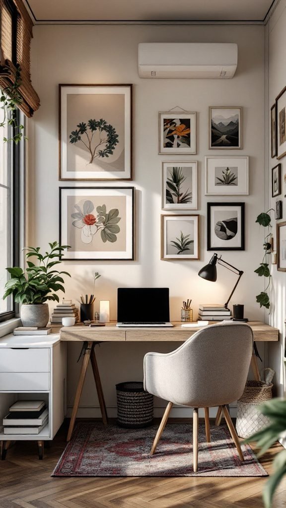 Cozy small home office with a desk, framed artwork, plants, and stylish decor