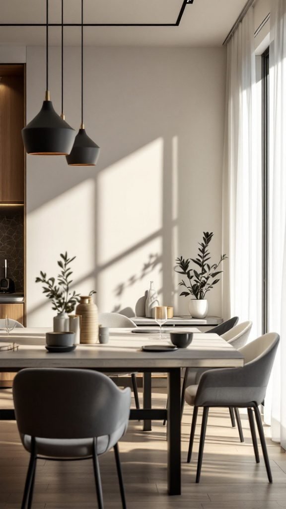 A modern dining room with sleek furniture, statement lighting, and a cozy atmosphere.