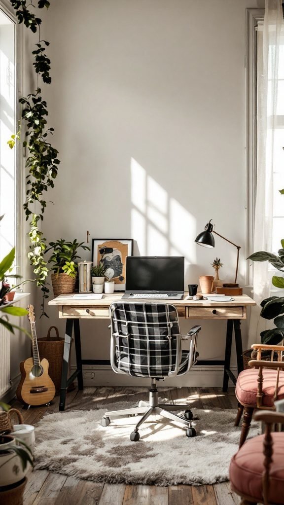 A cozy workspace featuring vintage elements with a desk, chair, plants, and decorative items.