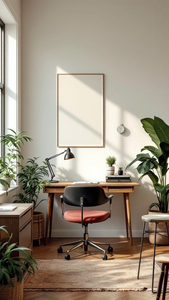 Cozy small home office with vintage elements including a wooden desk, stylish chair, and plants.