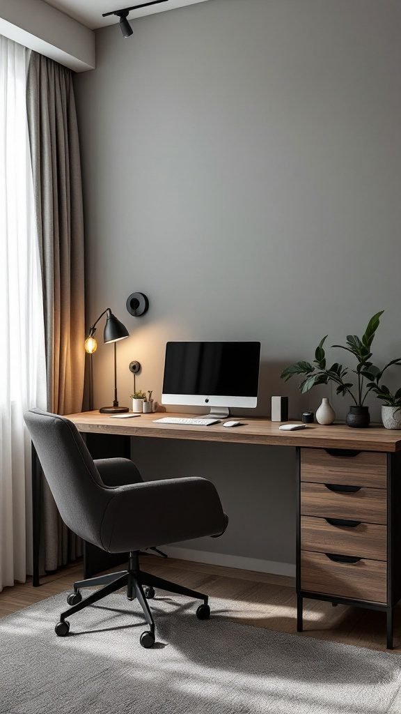 A cozy and modern bedroom office combo featuring a sleek desk, ergonomic chair, and stylish lamp.
