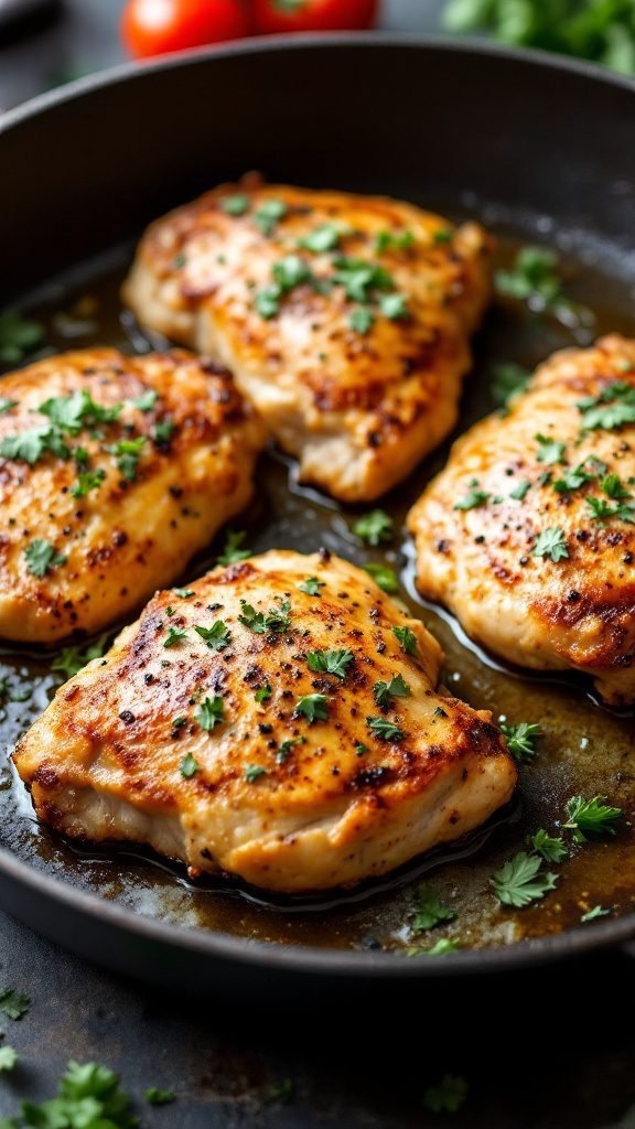 Golden and juicy chicken thighs garnished with herbs