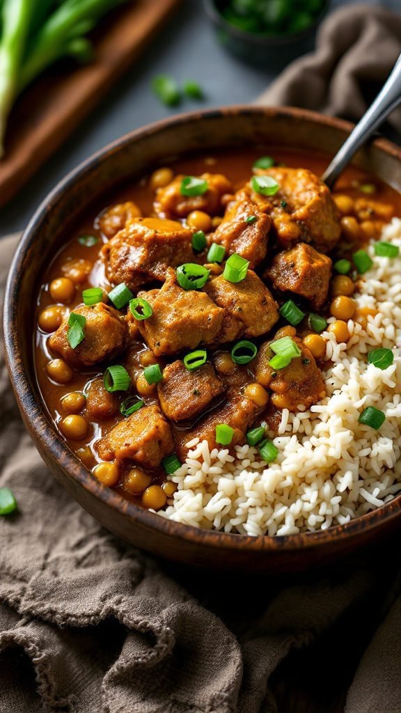 Bowl of Jamaican Curry Goat served with rice and garnished with green onions