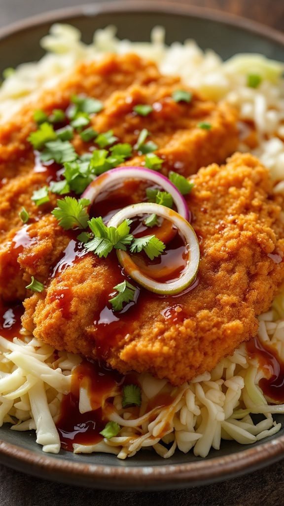 A plate of Japanese Chicken Katsu served with rice and garnished with herbs.