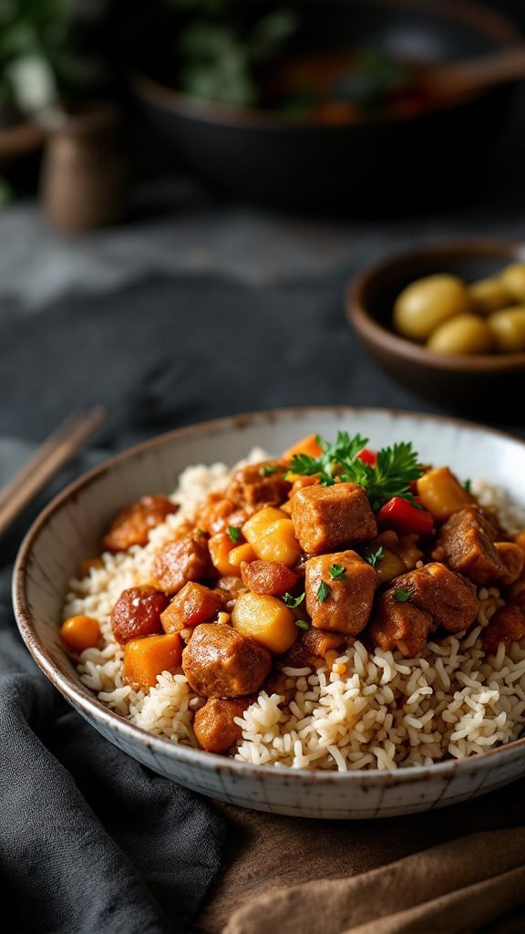A bowl of Japanese curry rice served with tender meat and vegetables over fluffy rice.